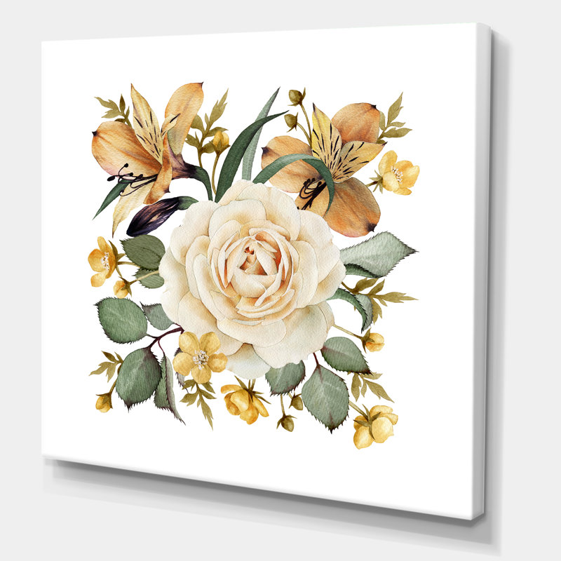 Rose blanche rétro - peinture sur toile, H 16 po x l 16 po x P 1 po, Toile tendue