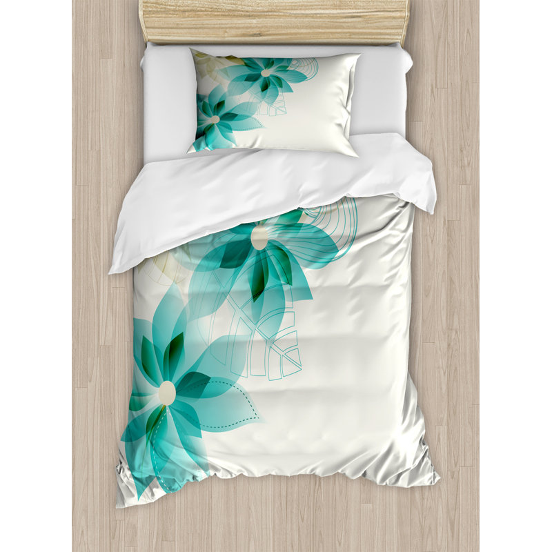 Coastal Polyester Duvet Cover, Twin Duvet Cover + 1 Sham, Vintage Floral Elements