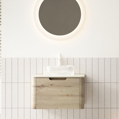 Meuble-lavabo de salle de bain avec armoire en contreplaqué de 24 po, lavabo rond en cristal transparent, pierre frittée, pré-assemblé, rangement flottant en chêne blanc, couleur