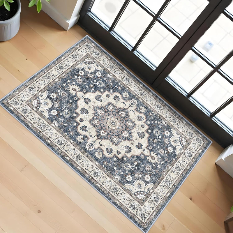 Washable Hallway Rug: Oriental Non-Slip Rugs for Entryway Living Room Floral Stain Resistant Long Kitchen Bathroom Carpets Accent Low Pile Floor Mat for Dining Room Bedroom (Blue)