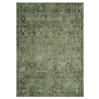 Vintage Tribal Cashmere Washable Dark Green Area Rug - Soft Oriental Distressed Design for Living Room, Bedroom, or Study Decor