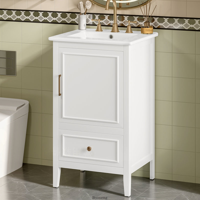 Meuble-lavabo autoportant de 20 po avec comptoir d'évier, armoire en panneau de fibres à densité moyenne avec 1 porte, 1 tiroir, tablette de porte et patins réglables, blanc