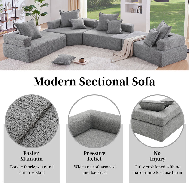 156''Oversized Modular U Shaped Sectional Sofa, Grey Boucle