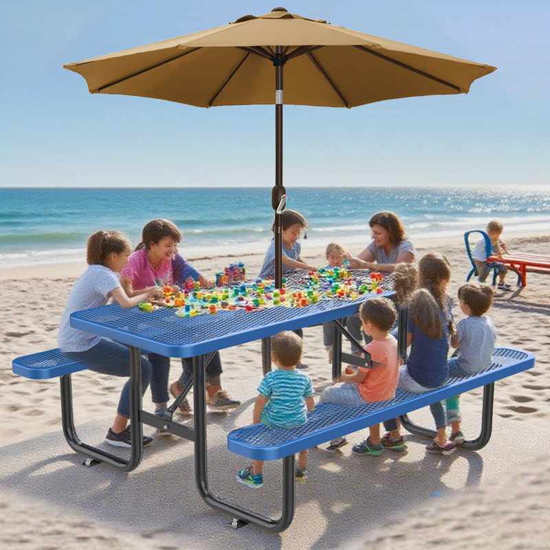 8 Ft. Rectangular Metal Outdoor Picnic Table With Umbrella Hole, Blue
