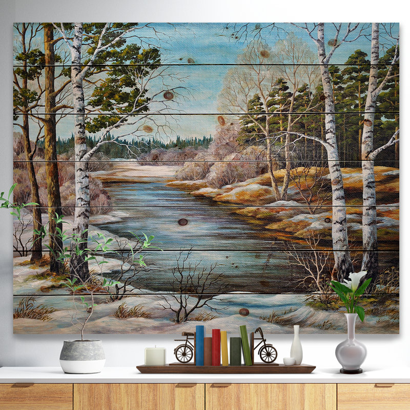 Schafer «The Spring Siberian River», peinture, H 30 po x l 40 po x 1,5 po, Bois naturel