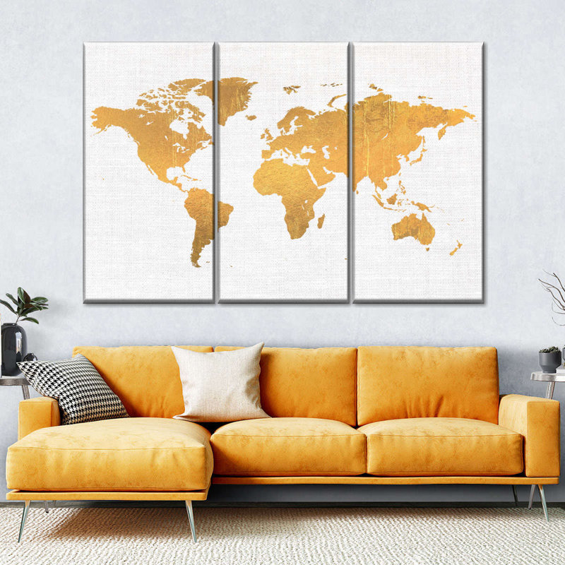 " Light Gold World Map Multi Piece Canvas Print " by Enchanté Designs 3 - Pieces, 36" H x 57" W x 1.25" D