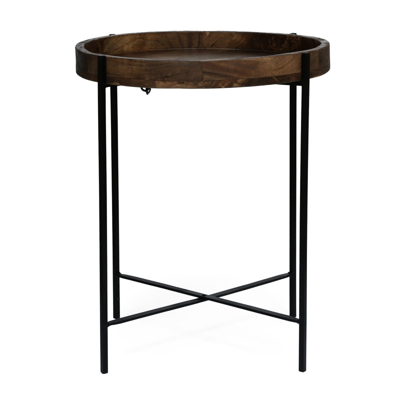 Table d'appoint en bois de manguier avec pieds en fer pliables et plateau pratique en bois