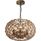 Boho Rattan & Hemp Rope Chandelier - 5 Light, 15.75" Wide, Adjustable Height, Rustic Coastal Farmhouse Style