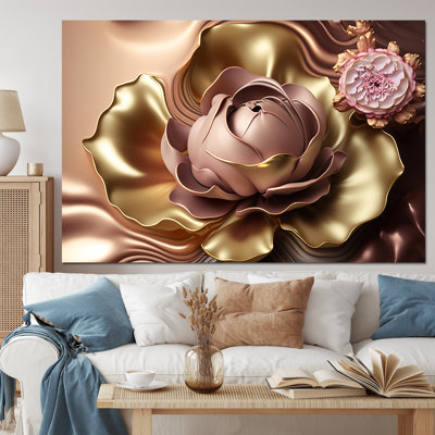 Rétro, rétro, abstrait, fleurs roses et dorées I - Art mural floral