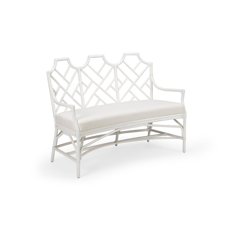 White Lacquer Curved Rattan Upholstered Bench with Muslin Seat