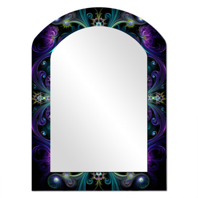 Turquoise Neon Fractal Flowers I - Boho Mandala Asymmetrical Wall Mirror, Purple Arch Decorative Mirror, Printed Metal Art