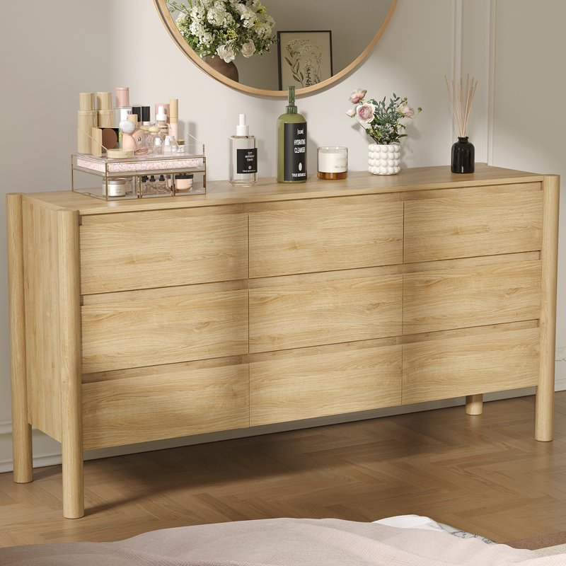 Commode 9 tiroirs 63 "avec pieds en bois massif pour chambre à coucher, salon, chêne, Beige