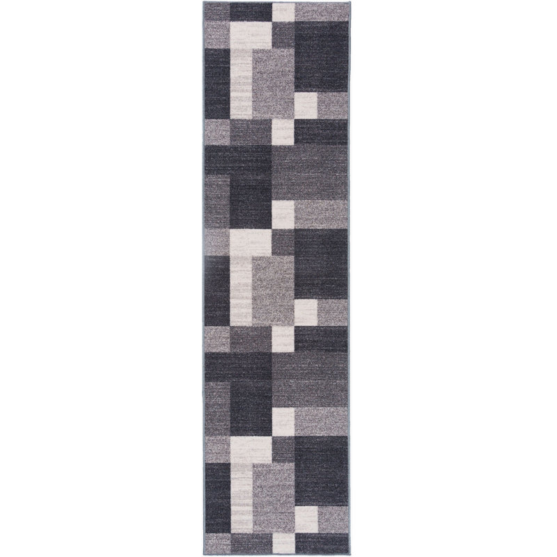 Tapis gris, noir et blanc touffeté à motif géométrique Akieba, Tapis de couloir de 2 pi x 7 pi