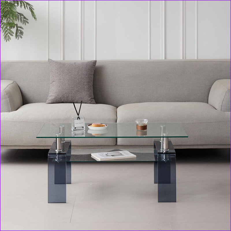 Table basse moderne en verre trempé pour le salon, rangement à 2 niveaux, facile à nettoyer et amp; Peu encombrant, Gris
