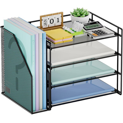 Marbrasse Metal Mesh Desk Organizer - 4 Trays + 1 File Holder, Space-Saving Office/Home Desktop Storage