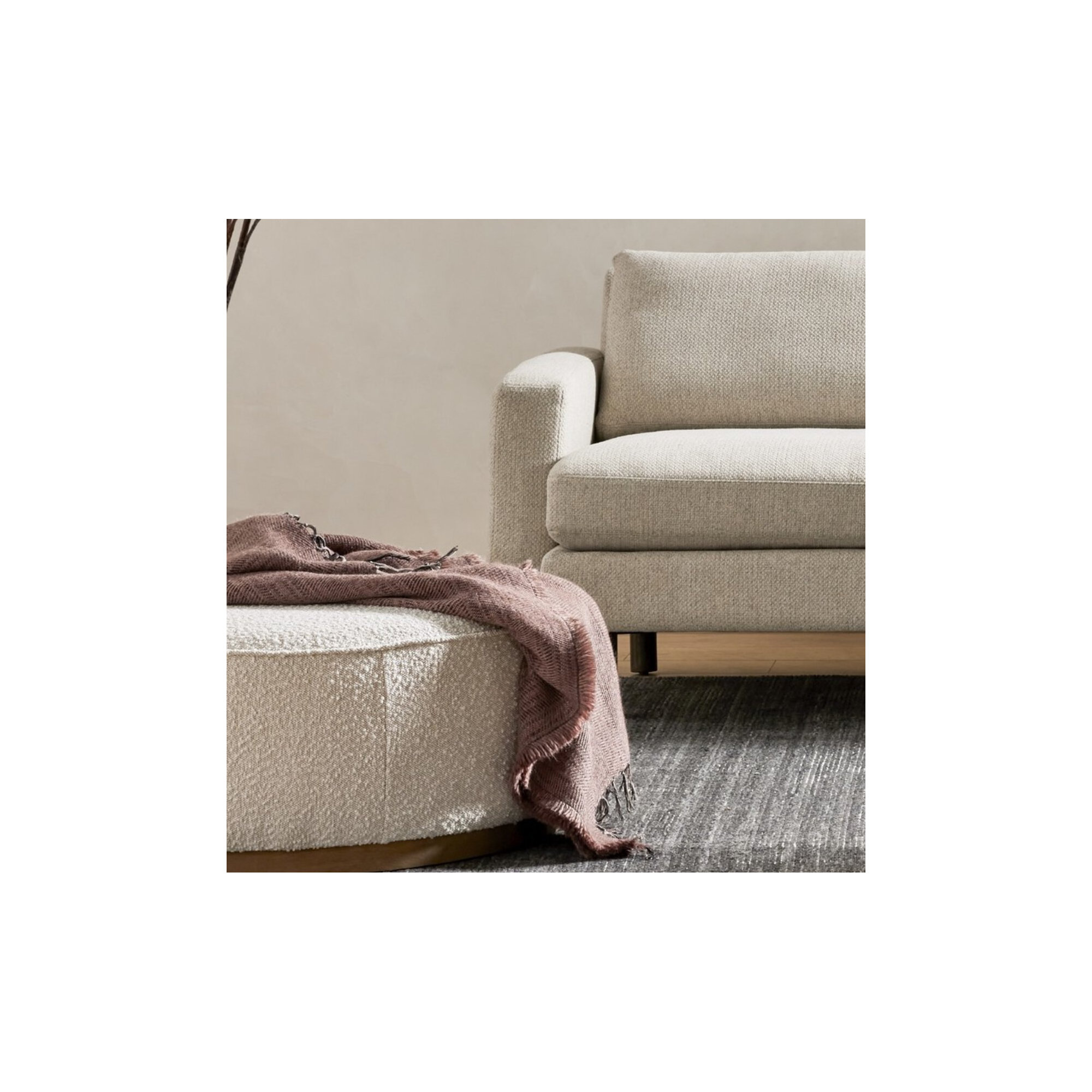 Rayna 36" Round Cocktail Ottoman, Knoll Natural Boucle, Distressed Natural
