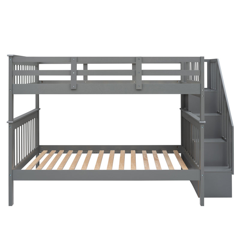 Lit superposé double sur escalier avec rangement et garde-corps pour chambre à coucher, dortoir, couleur blanche, Blanc