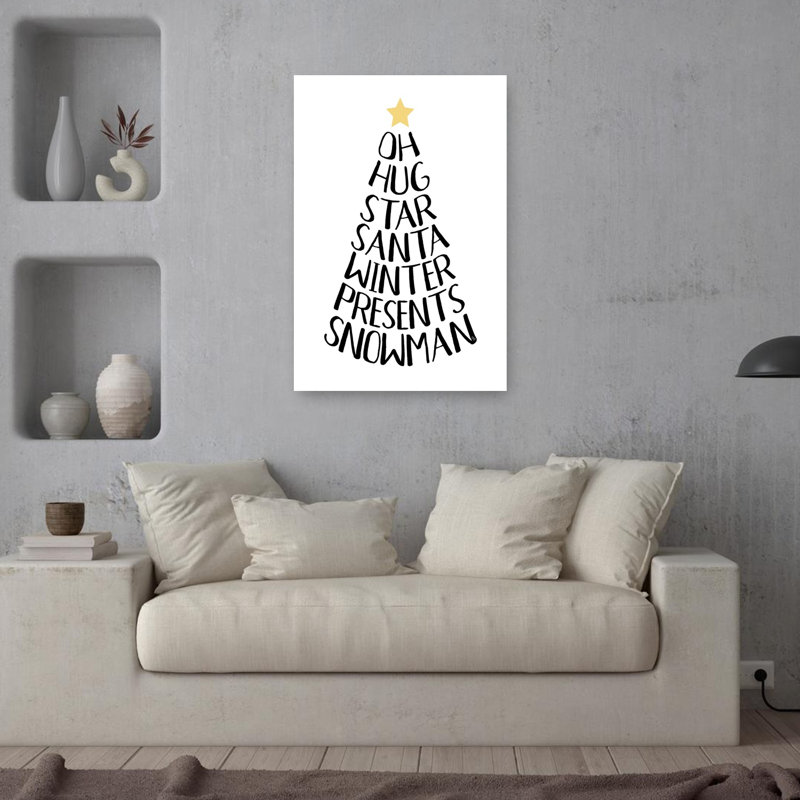 Joyeux arbre de Noël mots, arbre de Noël abstrait moderne, paysage d'hiver, reproduction d'art mural, H 36 po x l 24 po