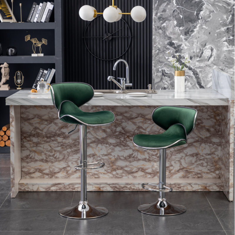 Annetra Velvet Upholstered Adjustable Swivel Barstool, Green
