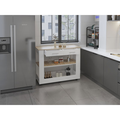 Îlot de cuisine Cala avec rangements et étagères ouvertes, table de travail de cuisine autoportante avec tiroirs