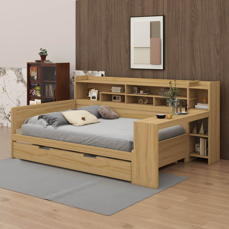Versatile Wooden Daybed With Trundle Storage Shelves And Integrated Study Desk, Natural, Full
