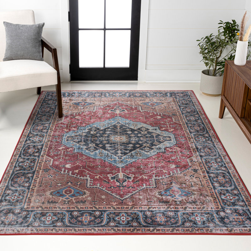 Sarok Ogee Medallion Machine-Washable Red/Blue/Brown Rug, Rectangle 2'11" x 5'