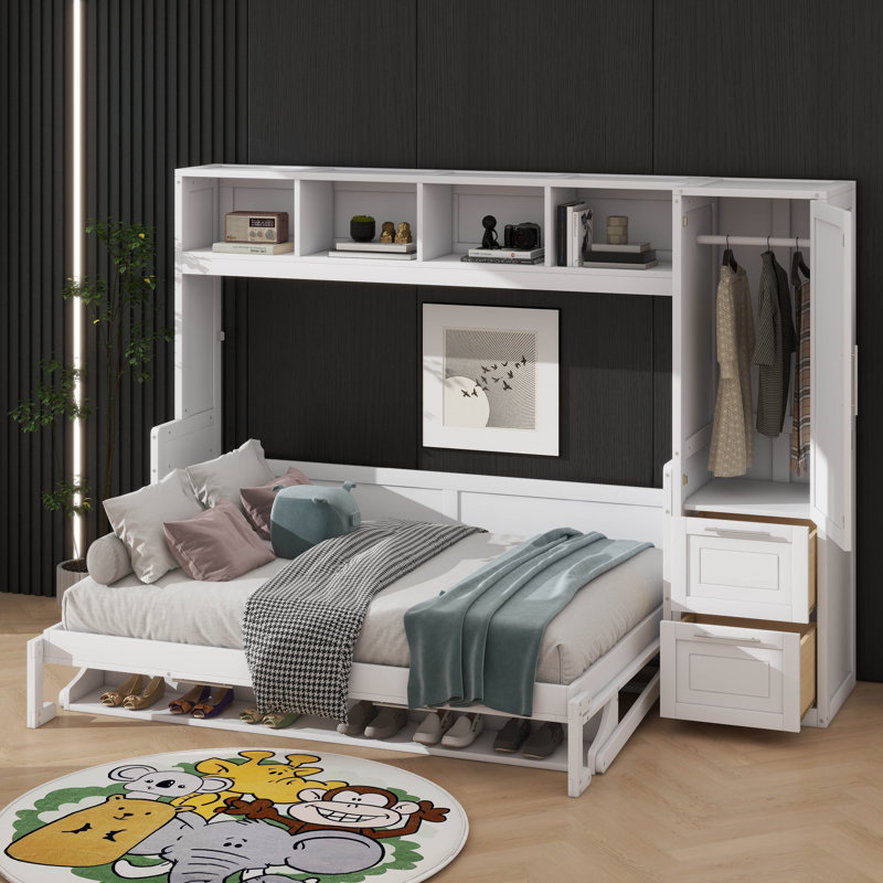 Lit escamotable avec placard et tiroirs Murphy, Blanc, Double
