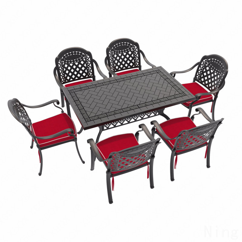 Ensemble de 7 pièces de mobilier de patio en aluminium coulé, avec cadre noir et coussins de siège rouges