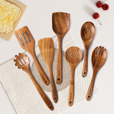 Mooues Wooden Cooking Spoon 7 Piece Natural Teak Cutlery Set Effortless cooking with a nonstick experience and comfortable grip Essential kitchen companion Brand