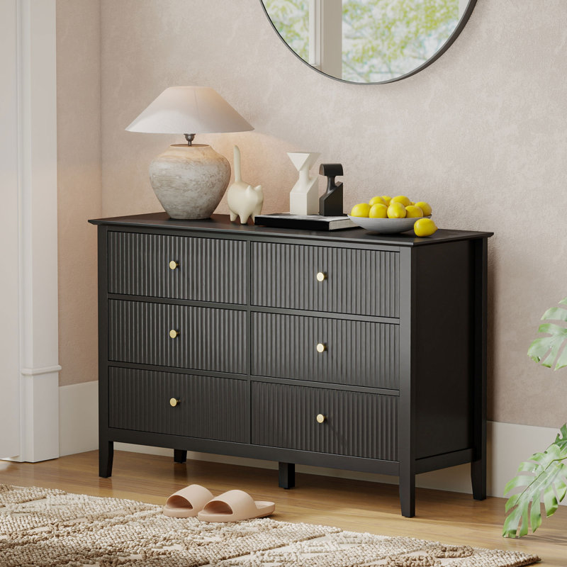 Commode 6 tiroirs cannelée pour chambre à coucher, double commode, noir, Black