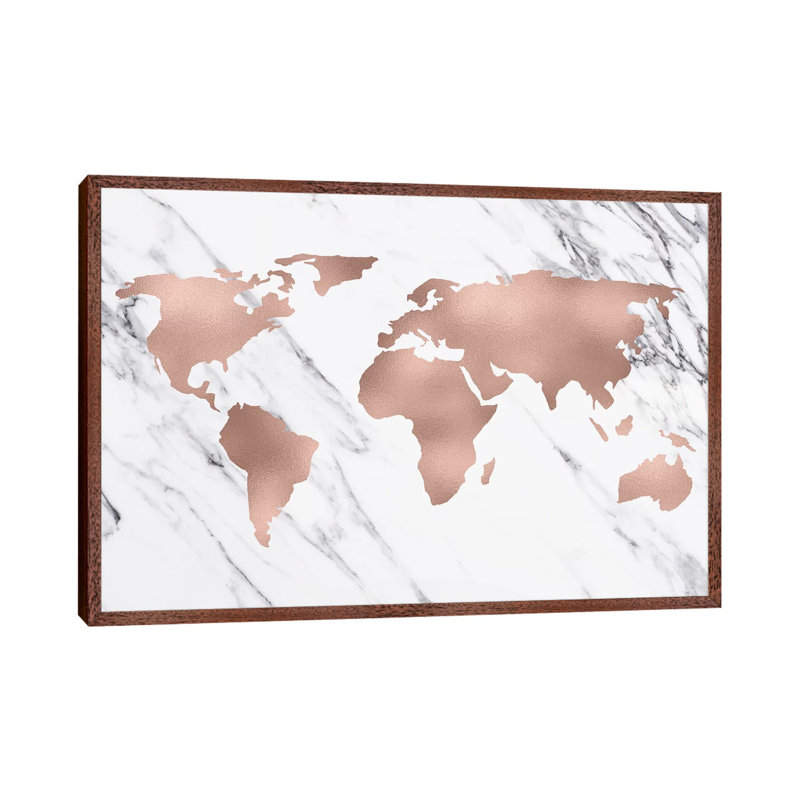 World Map In Rose Gold by Nature Magick - Print on Canvas, Classic Brown Wood Framed, 66.04 cm H x 45.72 cm W