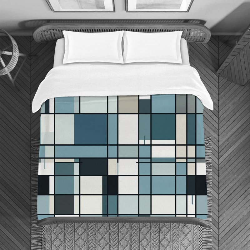 Housse de couette à carreaux, Housse de couette pour lit simple, Noir / bleu marine / blanc