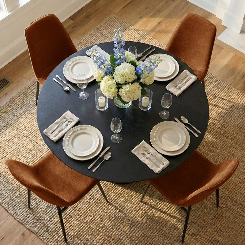 Ensemble de table de salle à manger pour 4 personnes avec table ronde et 4 chaises rembourrées en chenille, Terra