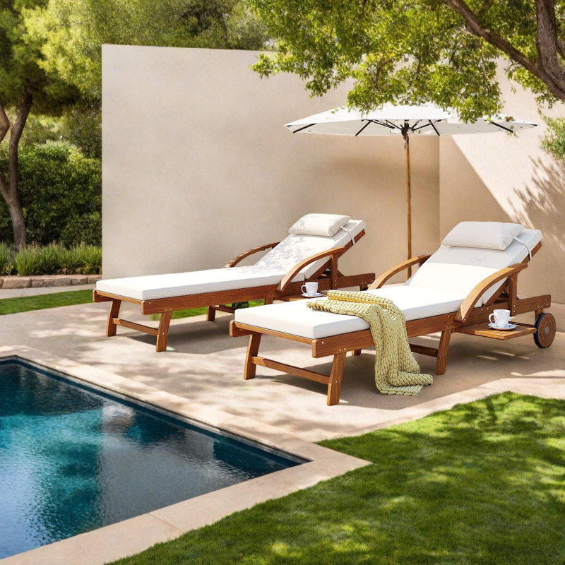 Patio Chaise Lounges, Acacia Wood Modern Adjustable Poolside Set Of 2