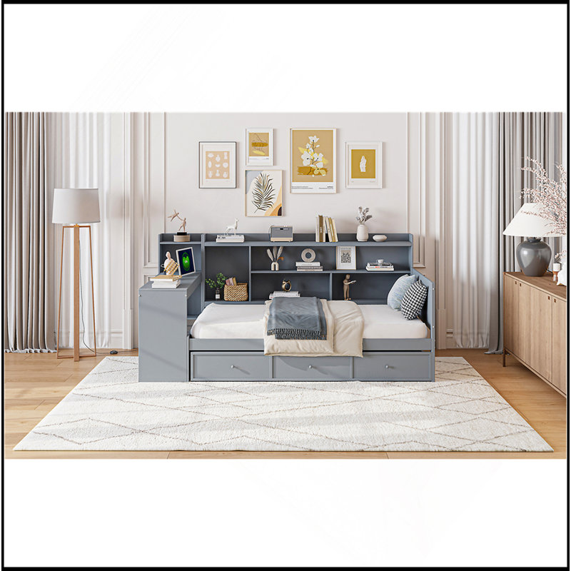 Lit de jour simple en bois avec 3 tiroirs, ports USB et bureau, gris