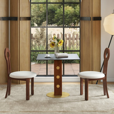 Table de cuisine moderne en pierre frittée 33,5 po avec pieds en bois massif et base dorée, idéale pour la réparation de bijoux pour 2 personnes dans les petits coins repas de détente conçus à la maison