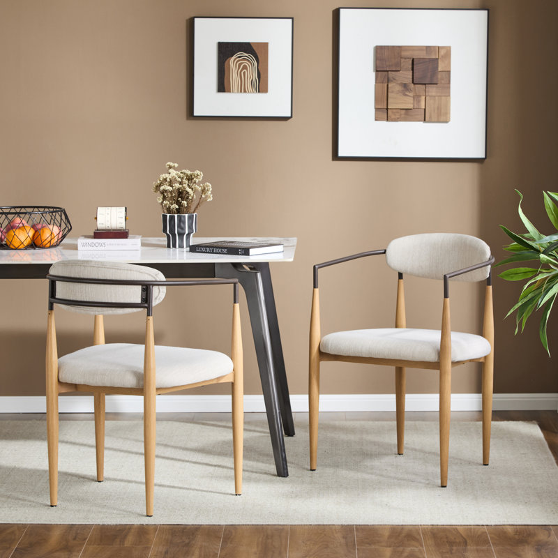 Nayalis Low Back Upholstered Dining Chairs, Beige Fabric, Maple/Coffee