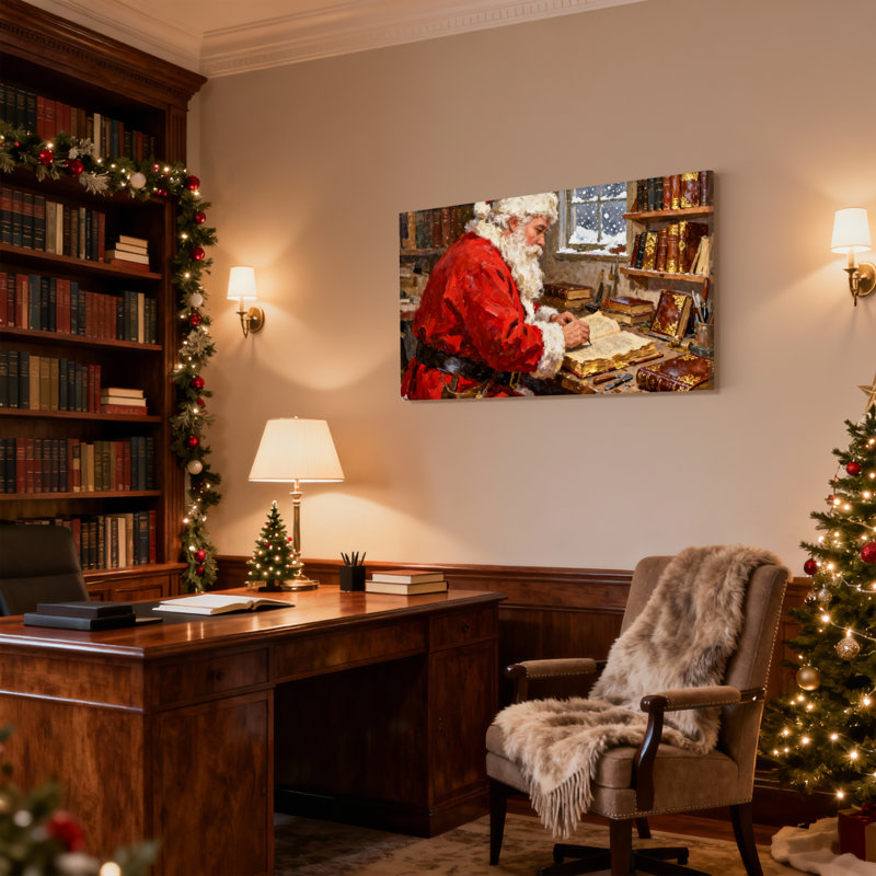 Noël, père Noël, lecture de lettres dans un atelier, ensemble de 3 impressions sur toile, H 20 po x l 30 po
