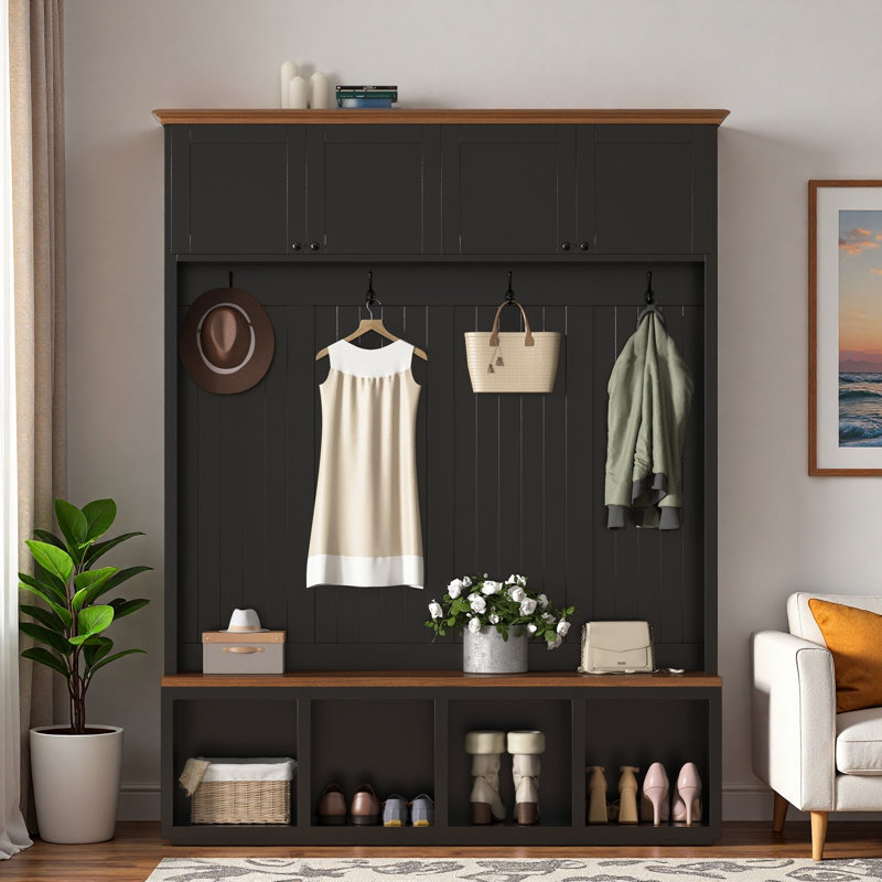 Farmhouse Hall Tree With Bench, 4 Cabinets, 4 Open Compartments And Coat Racks, Black
