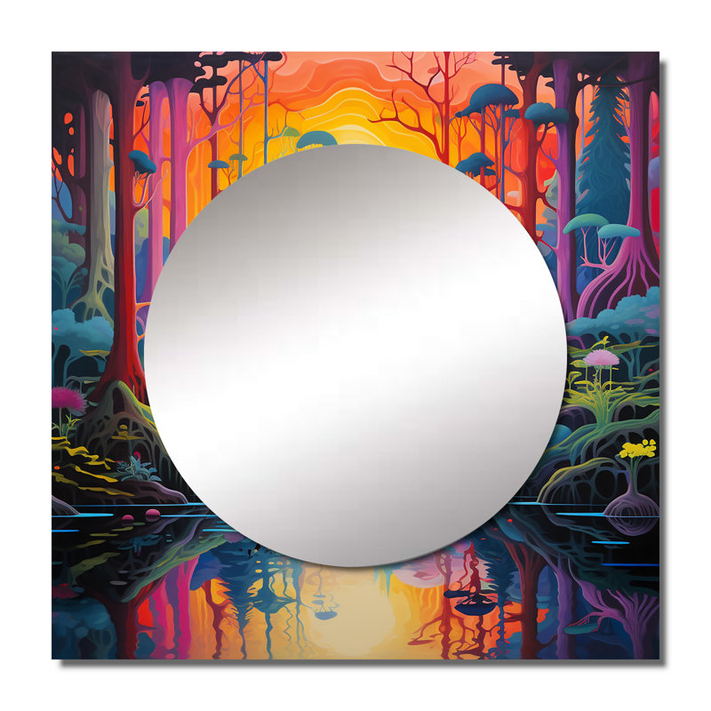 Divine Dreams Sun Rising Cosmic Forest River I - Christianism Square Mirror Wall Decor For Bedroom, 36" x 36"