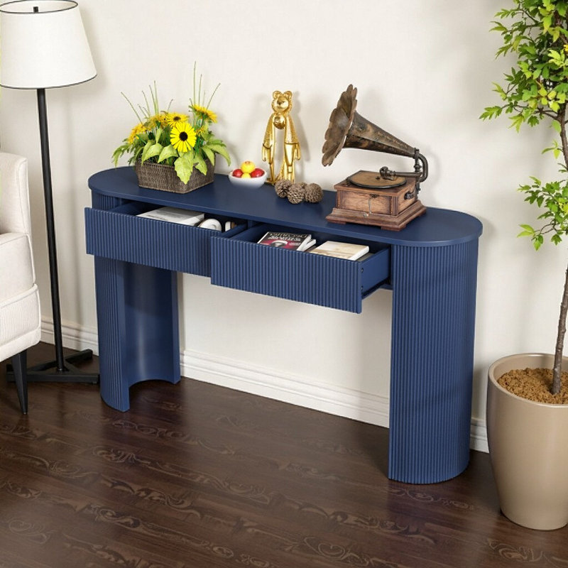 Table d'entrée avec rangement à cannelures bleu marine | Console moderne minimaliste avec plateau ovale et 2 tiroirs | Élégante table de canapé pour le couloir ou le salon