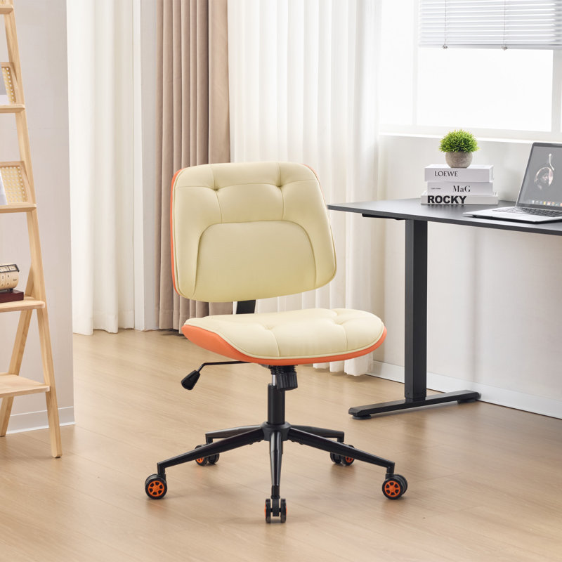 Home Office Desk Chair Pu Leather, Adjustable Height Armless Office Chair Beige, Orange/Beige