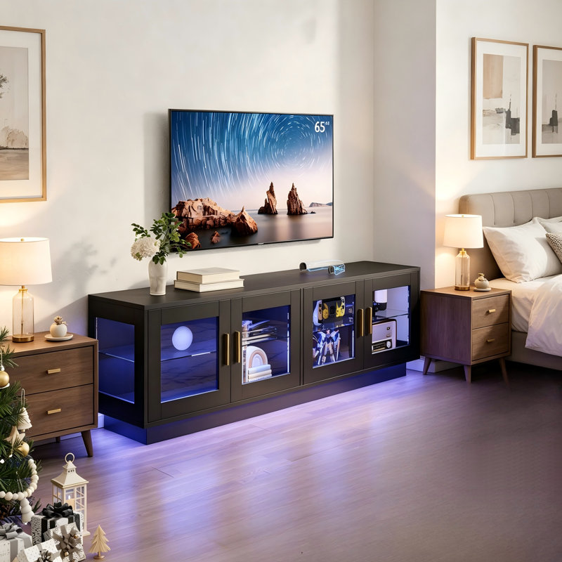 Meuble télé 70 po pour téléviseur de 65 po ou moins avec lumières DEL, Noir, noir, noir, noir