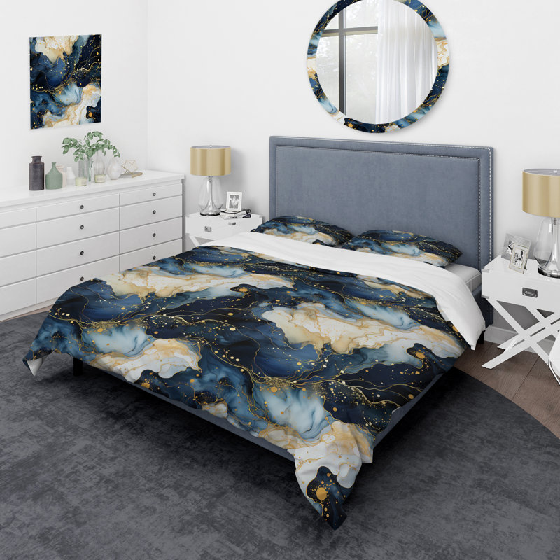 Literie céleste or et marbre bleu, Housse de couette pour très grand lit et 2 très