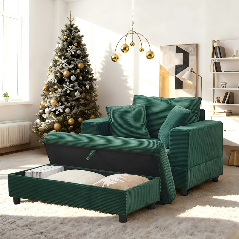 Corduroy Upholstered Sofa Lounge Chair with Removable Storage Ottoman and Pillows, Green, Storage Ottoman