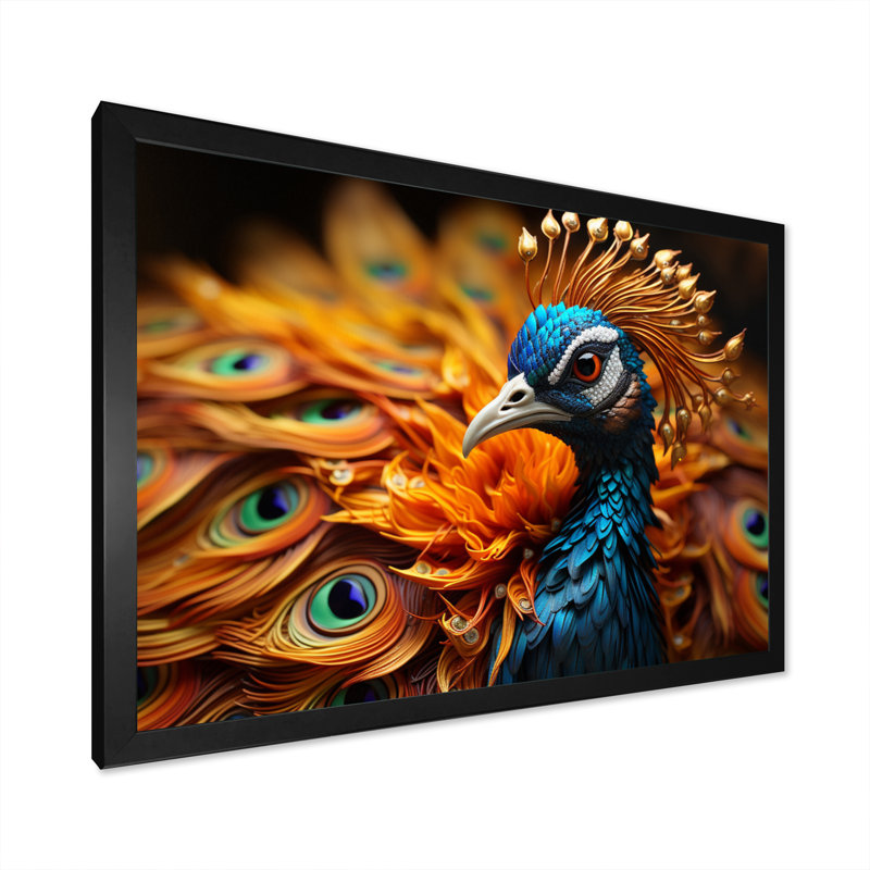 Gros plan sur un paon - animaux, impressions sur toile, H 24 po x l 32 po x P 1 po, Cadre photo noir