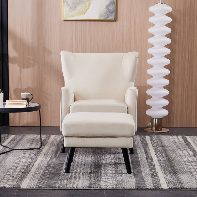 Upholstered Wingback Chair With Footstool, Beige Velvet