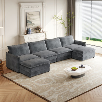 Comfortable Versatile Corduroy Sofa For Living Room, U-shaped Modern Design With Movable Footrests
