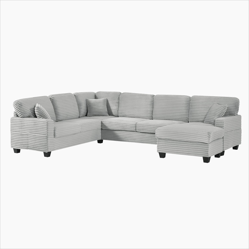 Sectional Sofa U-shaped Sectional 125.2" Upholstered L-shaped Sofa with a Movable Ottoman and Side Storage Pockets for Living Room, Grey
