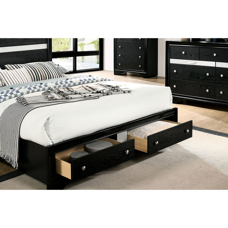 Grand lit en bois massif avec rangement en noir, aspect détente moderne